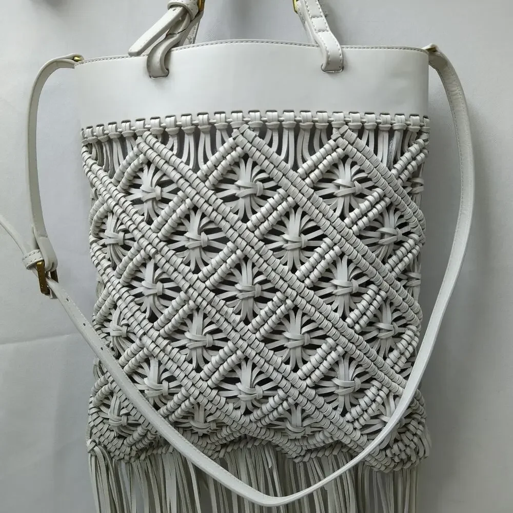 Tory Burch White Leather Woven Braided Macramé Fringe Limited Ed Crossbody Bag